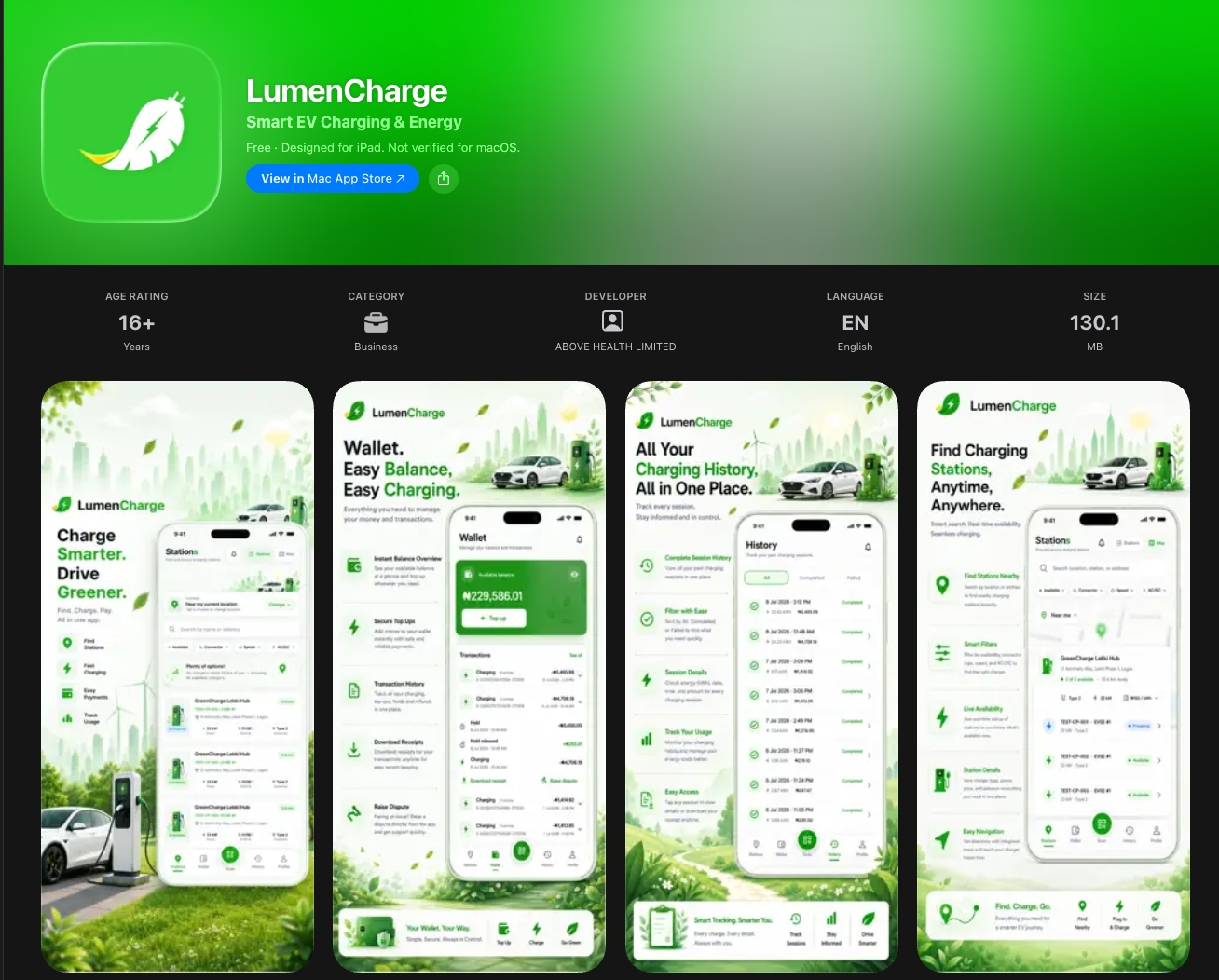 LumenCharge — actual App Store promotional screenshots