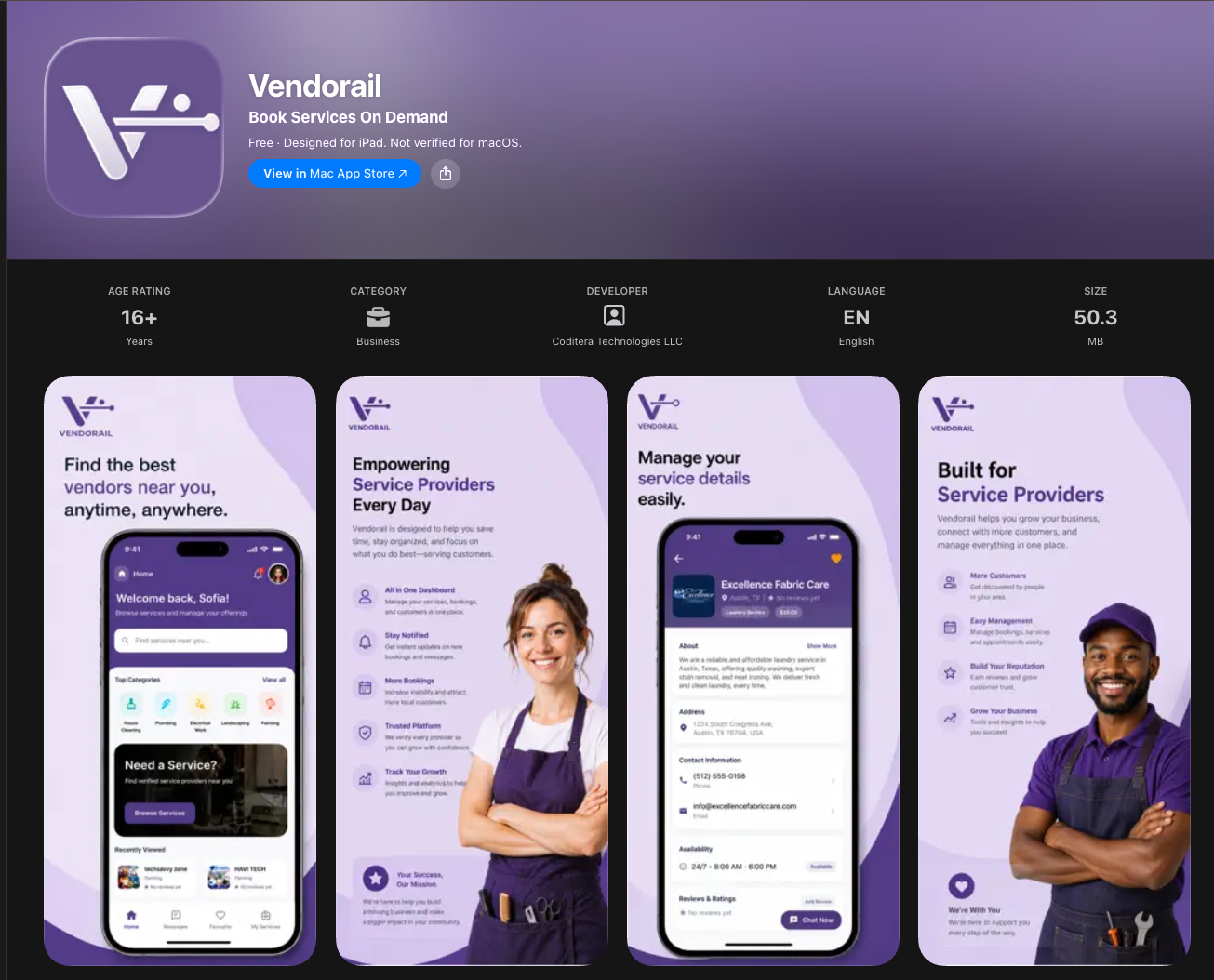 Vendor Rail — actual App Store promotional screenshots